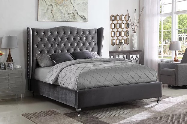 Grey Velvet Fabric Wing Back Bed IF-5520